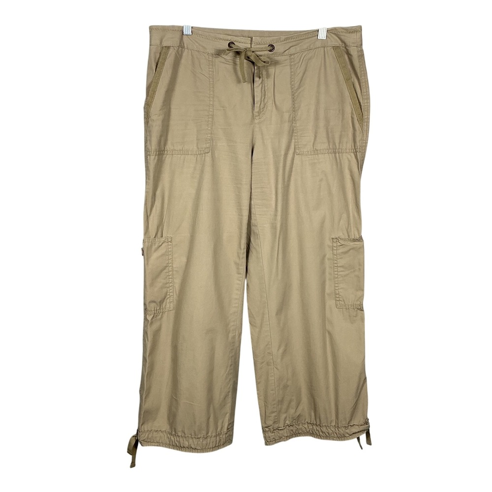 Liz Claiborne Lizwear Khaki Tan Cotton Cargo Cropped Pants Size 12 Drawstring